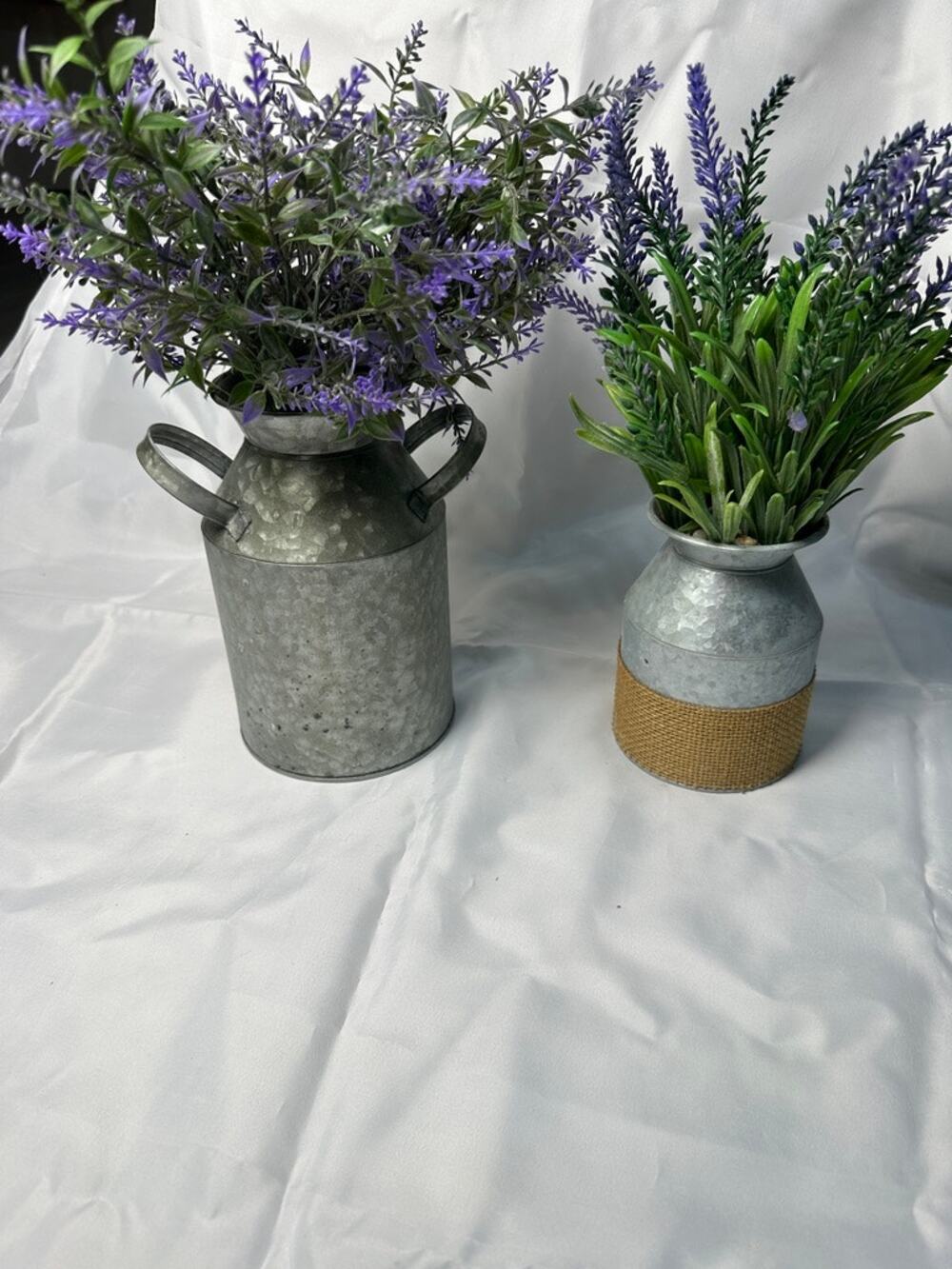 2 Pc Galvanized Milk Can Vase Faux Lavender Floral Farmhouse Decor Set